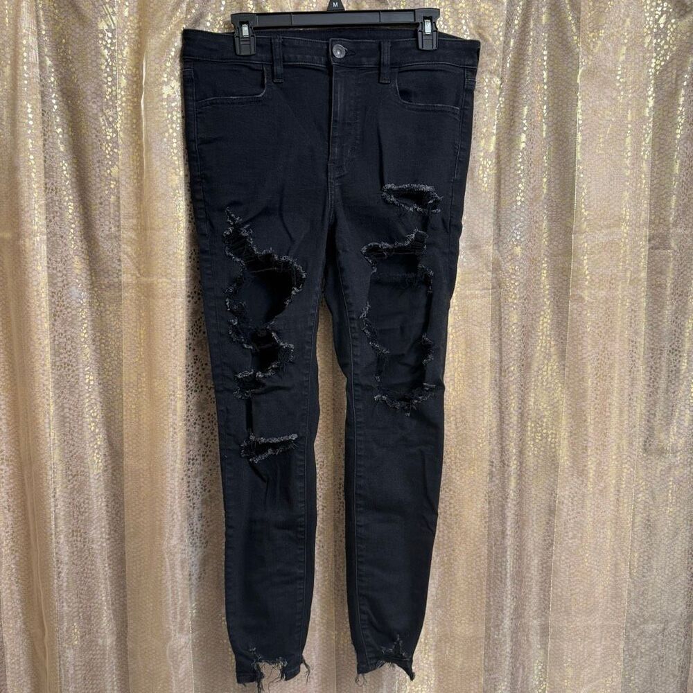 American Eagle Black Ripped Destroyed Skinny Stretchy Jeans Size 12